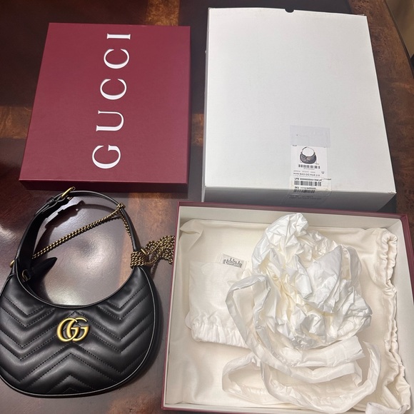 Gucci Handbags - GUCCI Calfskin Matelasse Chevron Mini 
GG Marmont Half Moon Hobo Black